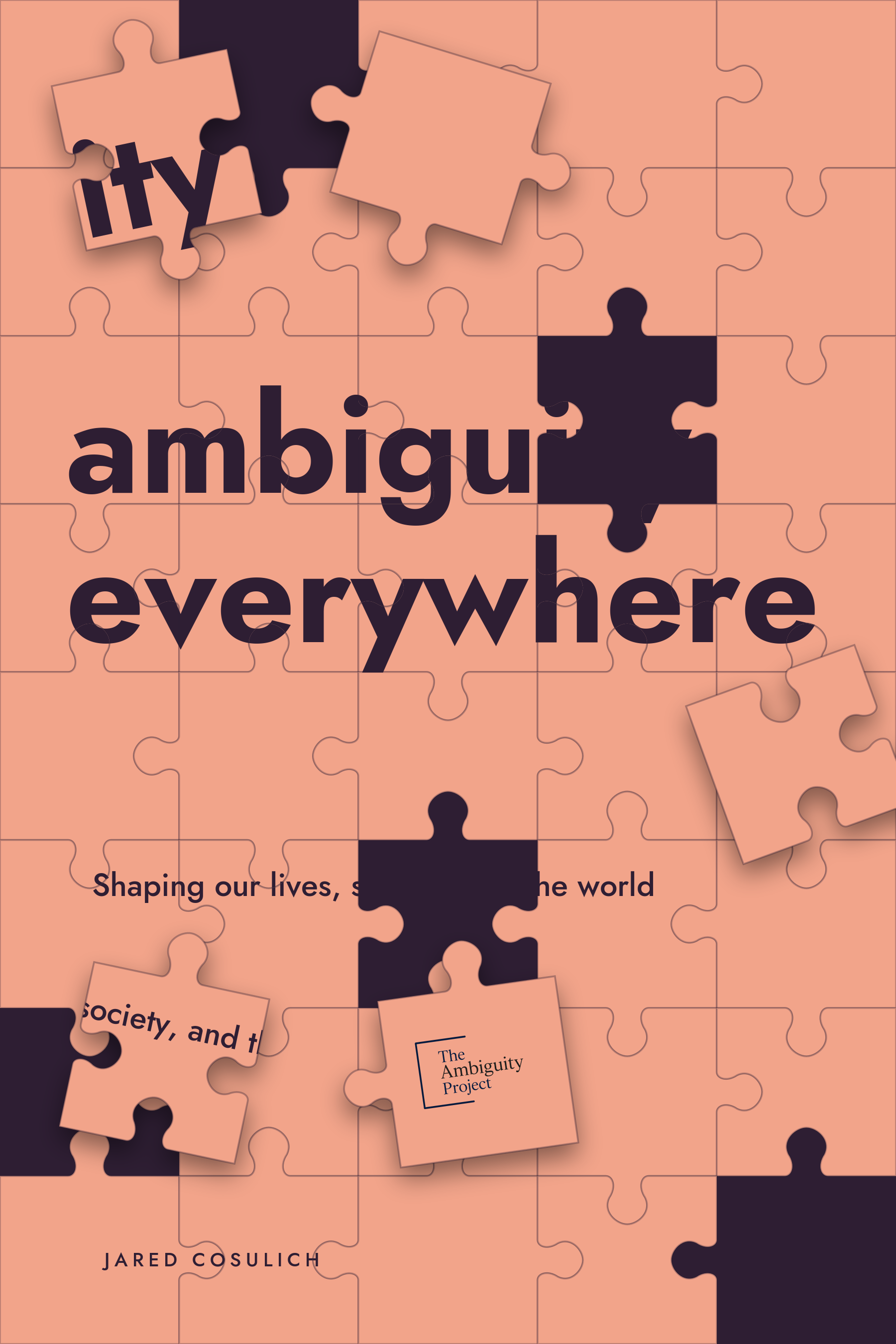 Cover of Ambiguity Everywhere by Jared Cosulich: a salmon jigsaw puzzle with missing and loose pieces